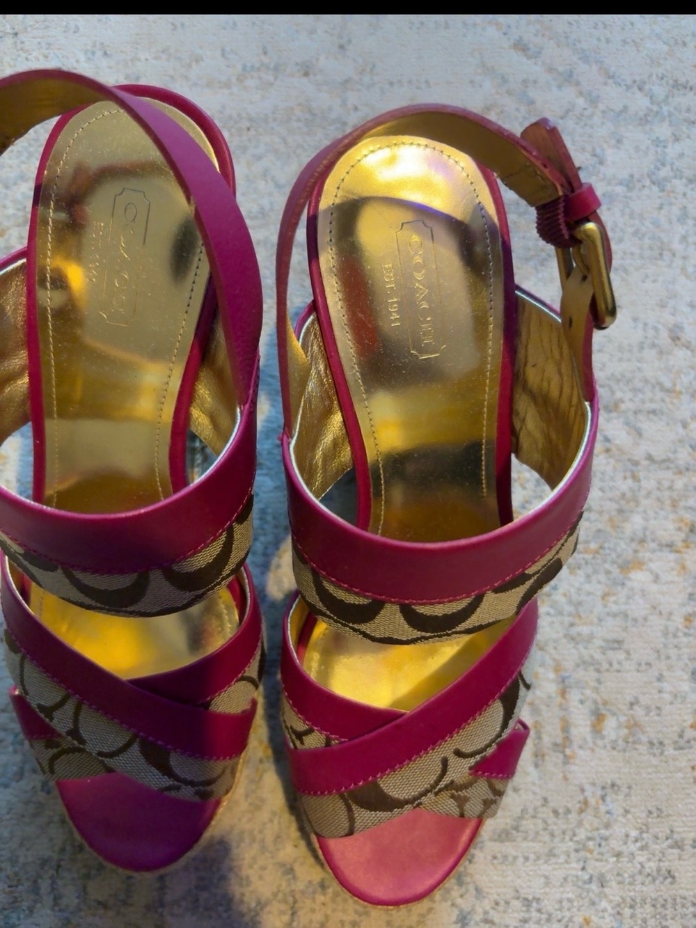 Coach Pink Signature Canvas Wedge Sandals with Gold Footbed